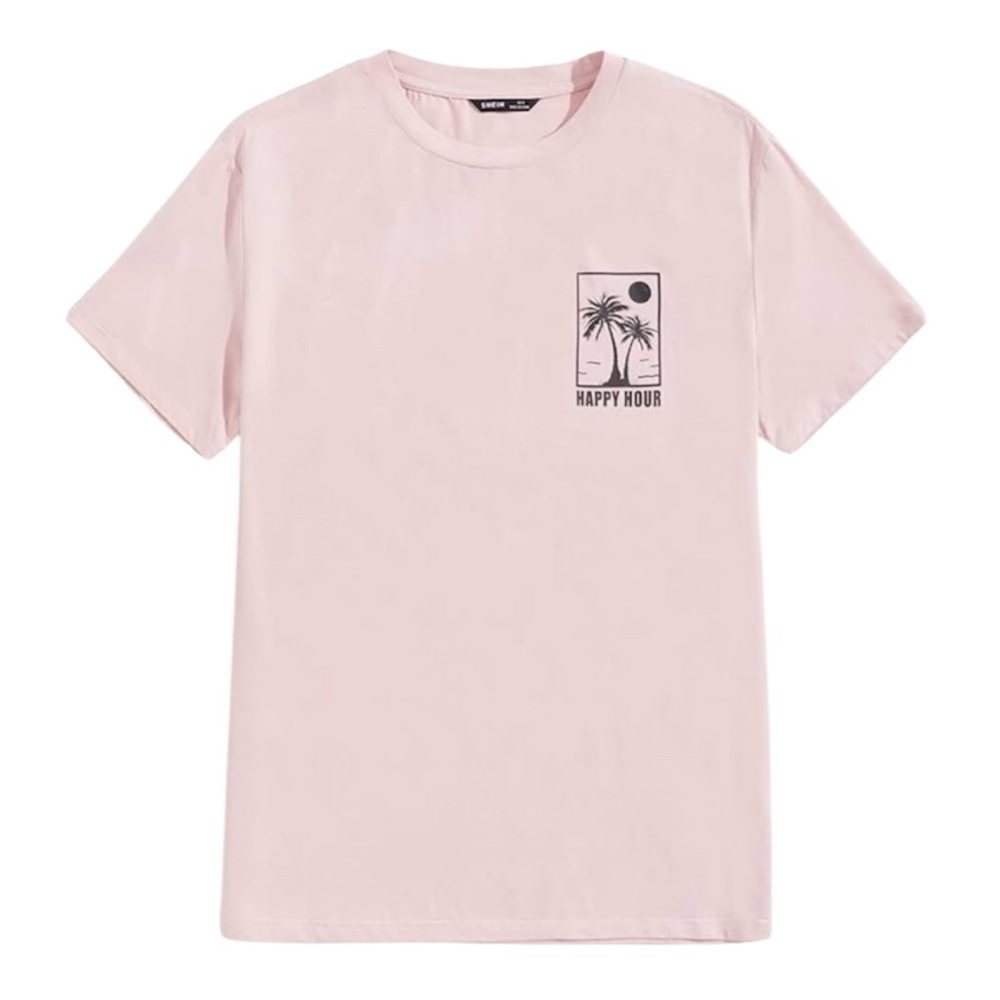 ❤️ SHEIN Mens Slogan and Tropical Print Tee Baby Pink Happy Hour Size XL